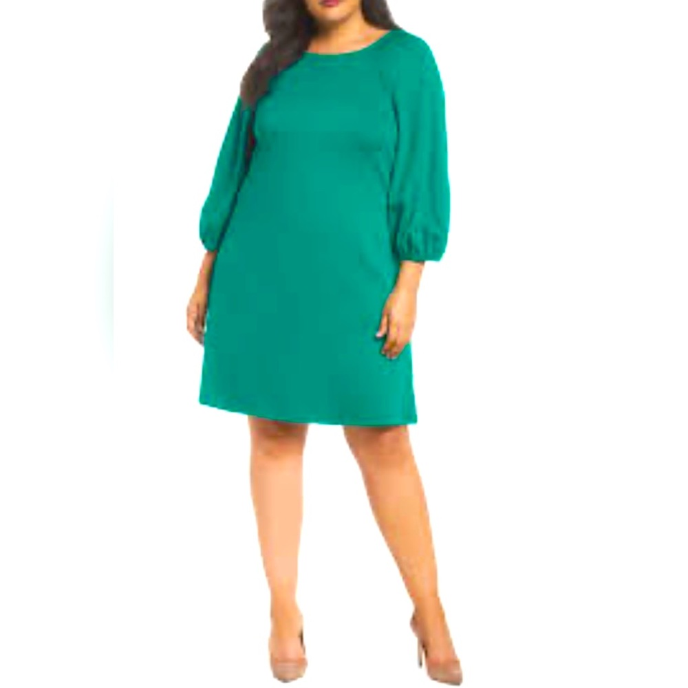 Eliza J emerald green shift dress 3/4 balloon sleeve stretch Sz 18 Spring Easter